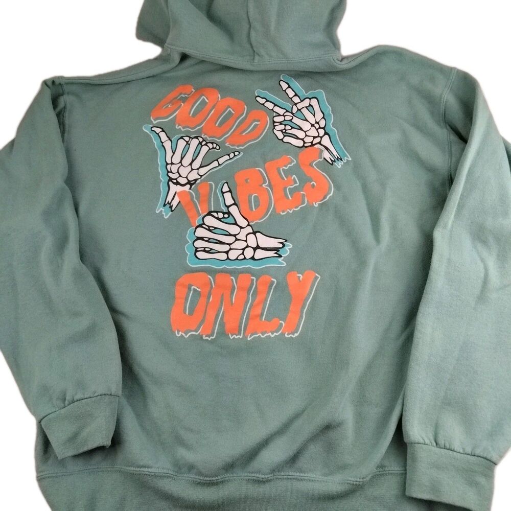 Red Eight Good Vibes Only Graphic Hoodie Sweatshirt 2 Sided Men L Skeleton Peace